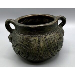 Primitive Hand Carved Pottery Vessel Incised Tribal Geometric Spiral w/Faces 5in